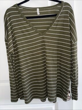 mts Olive Green and White Striped V-Neck Long Sleeve